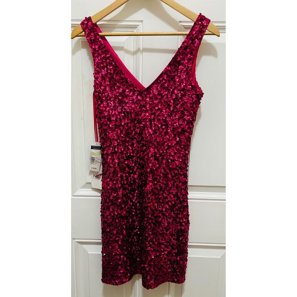 NWT Cachet Raspberry Pink Sequin V-Neck Mini Dress Sleeveless Party 47330M Siz 4